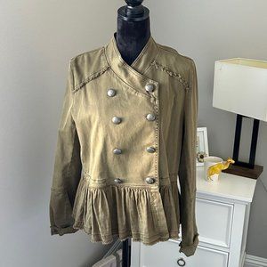 Free People Military Jacket Olive Green Ruffle Hem Peplum Double Breasted - M